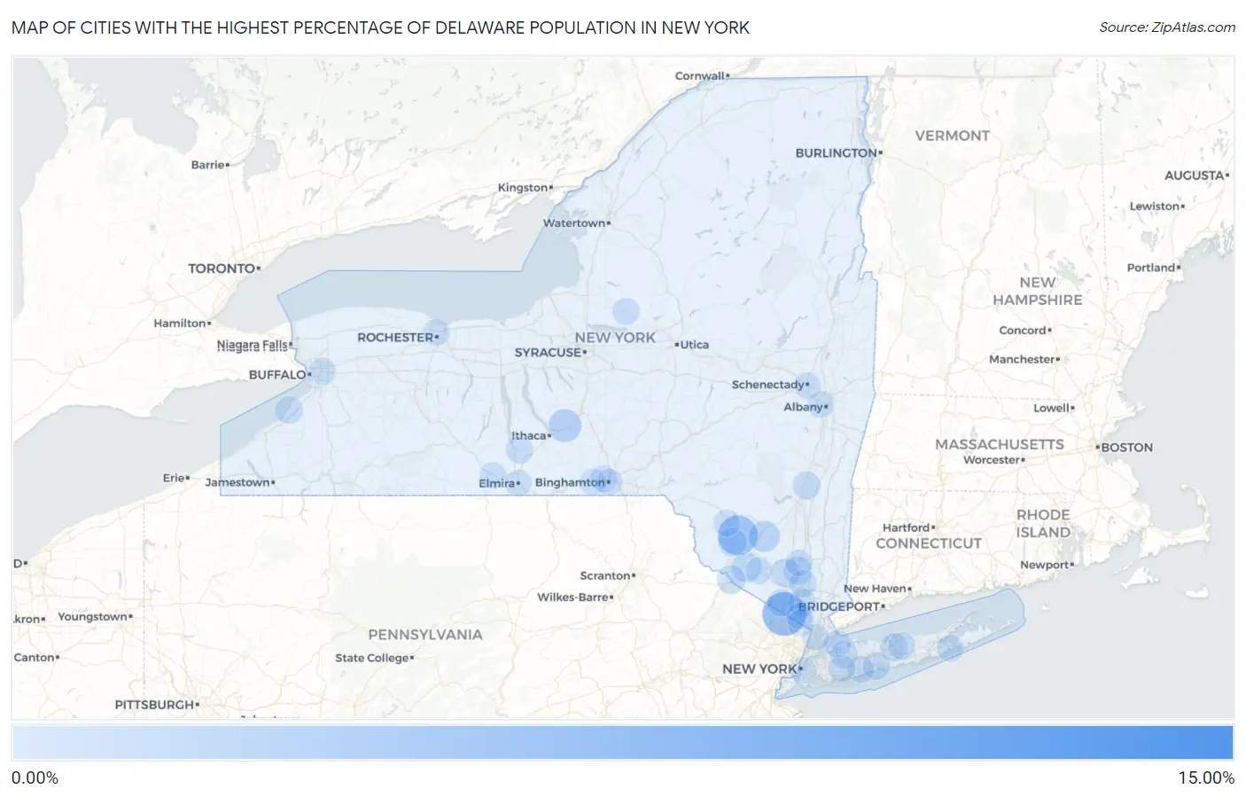 Cities with the Highest Percentage of Delaware Population in New York Map