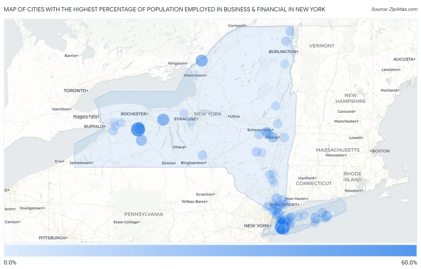 Cities with the Highest Percentage of Population Employed in Business & Financial in New York Map