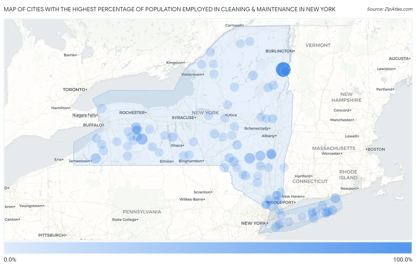 Cities with the Highest Percentage of Population Employed in Cleaning & Maintenance in New York Map