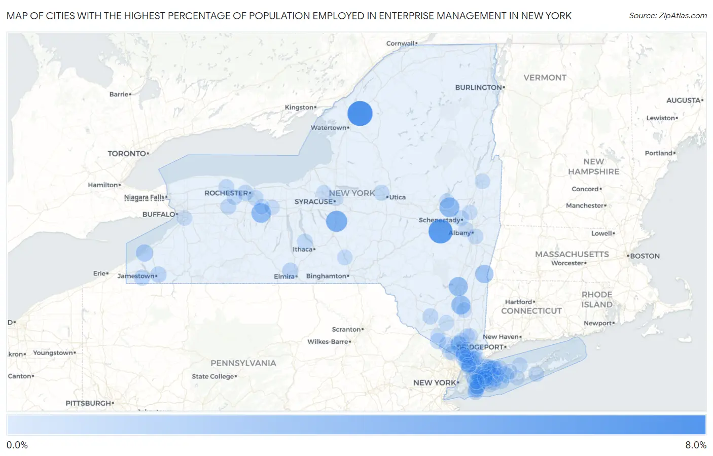 Cities with the Highest Percentage of Population Employed in Enterprise Management in New York Map