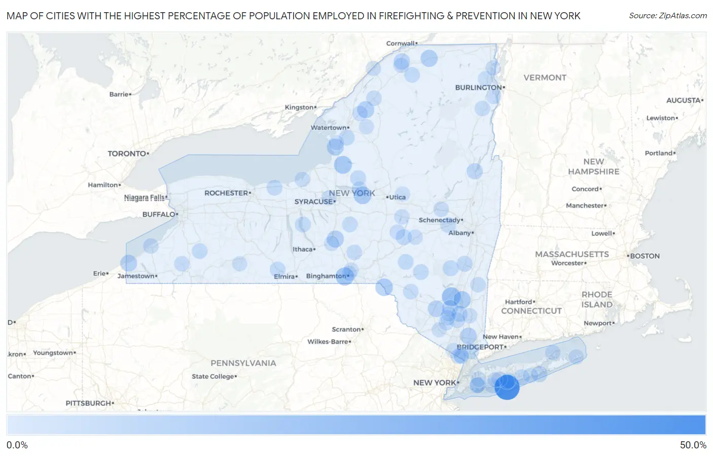 Cities with the Highest Percentage of Population Employed in Firefighting & Prevention in New York Map