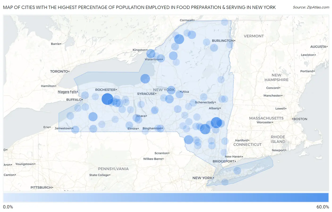 Cities with the Highest Percentage of Population Employed in Food Preparation & Serving in New York Map