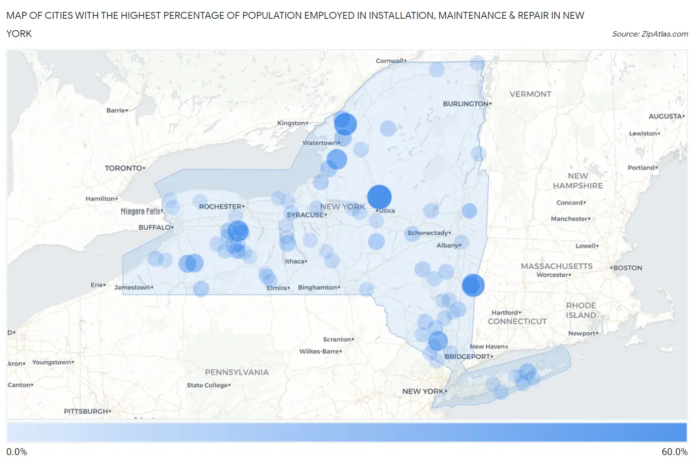 Cities with the Highest Percentage of Population Employed in Installation, Maintenance & Repair in New York Map