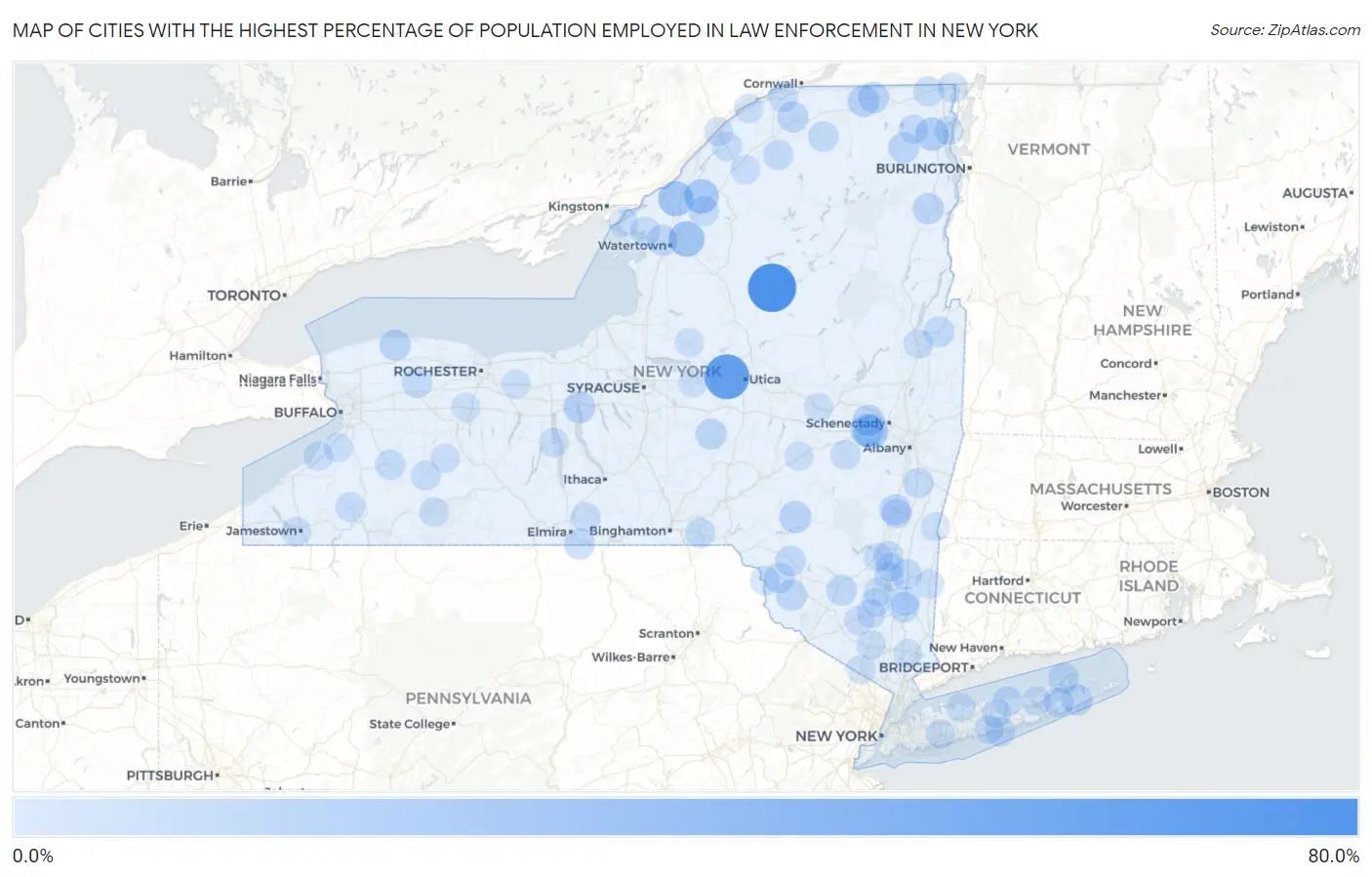 Cities with the Highest Percentage of Population Employed in Law Enforcement in New York Map