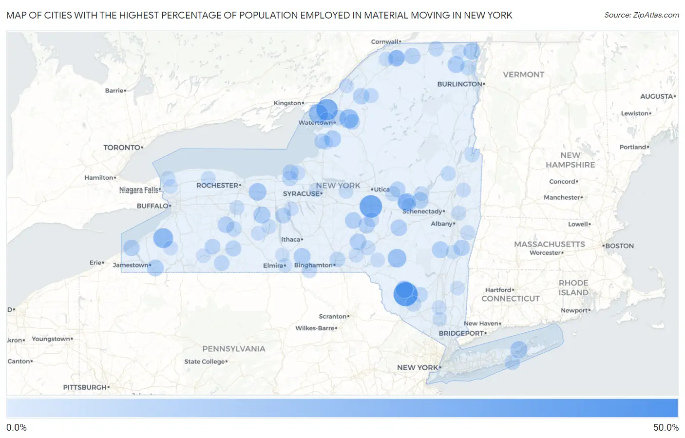 Cities with the Highest Percentage of Population Employed in Material Moving in New York Map