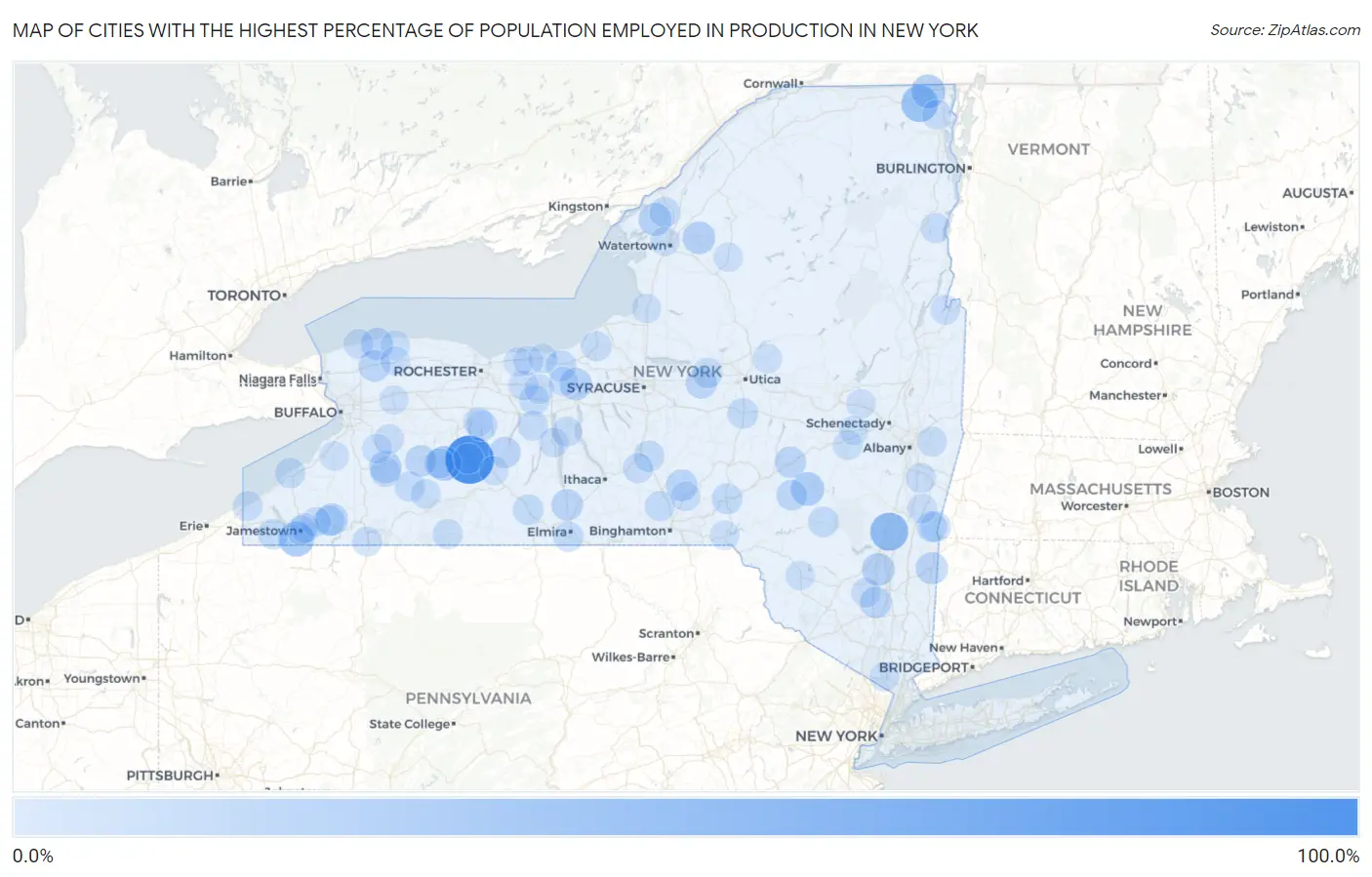 Cities with the Highest Percentage of Population Employed in Production in New York Map