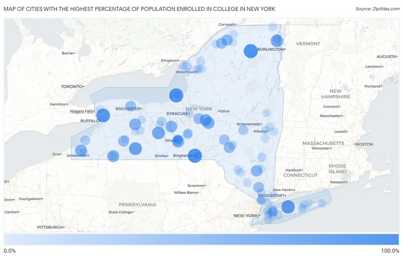 Cities with the Highest Percentage of Population Enrolled in College in New York Map