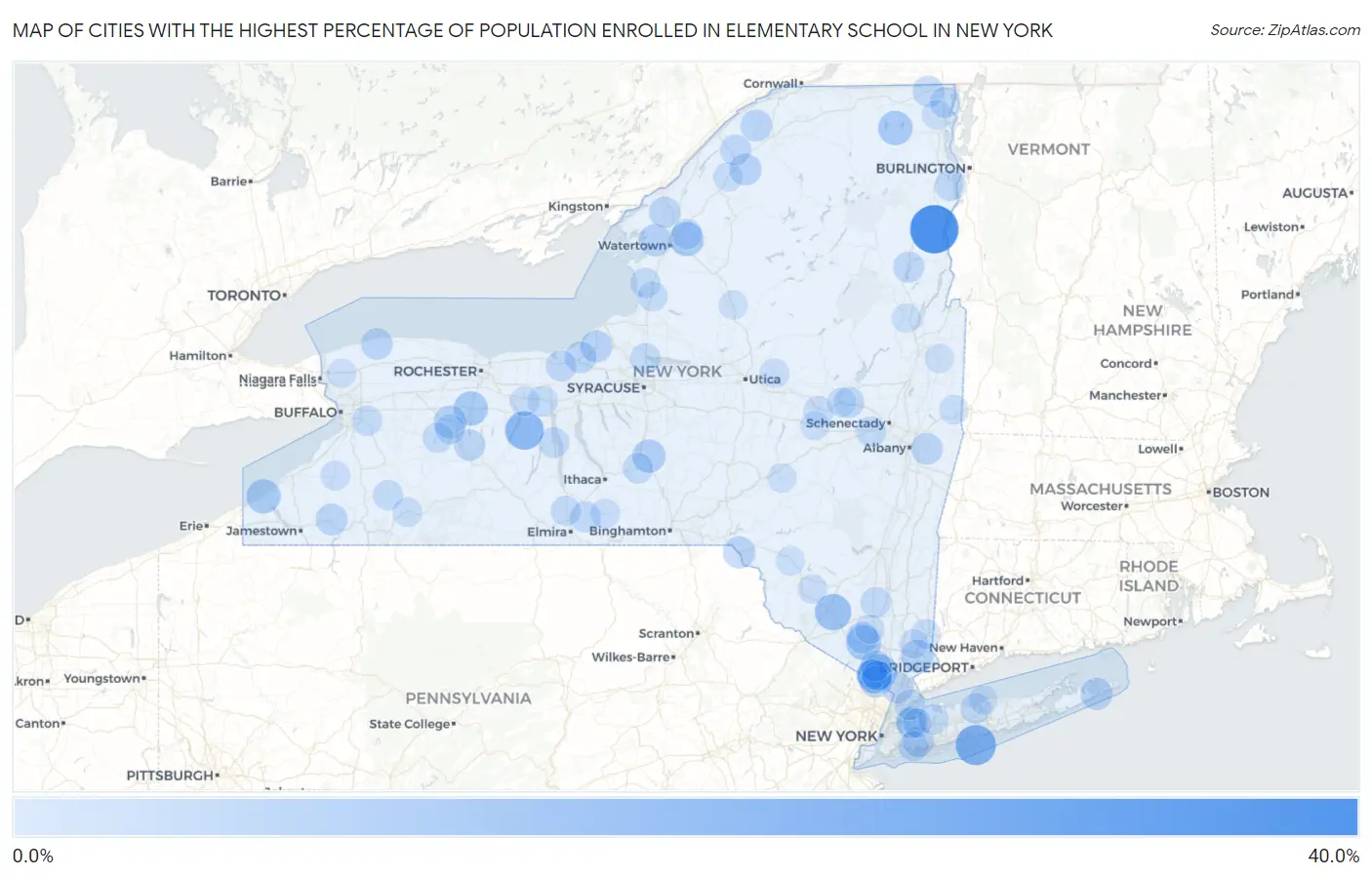 Cities with the Highest Percentage of Population Enrolled in Elementary School in New York Map