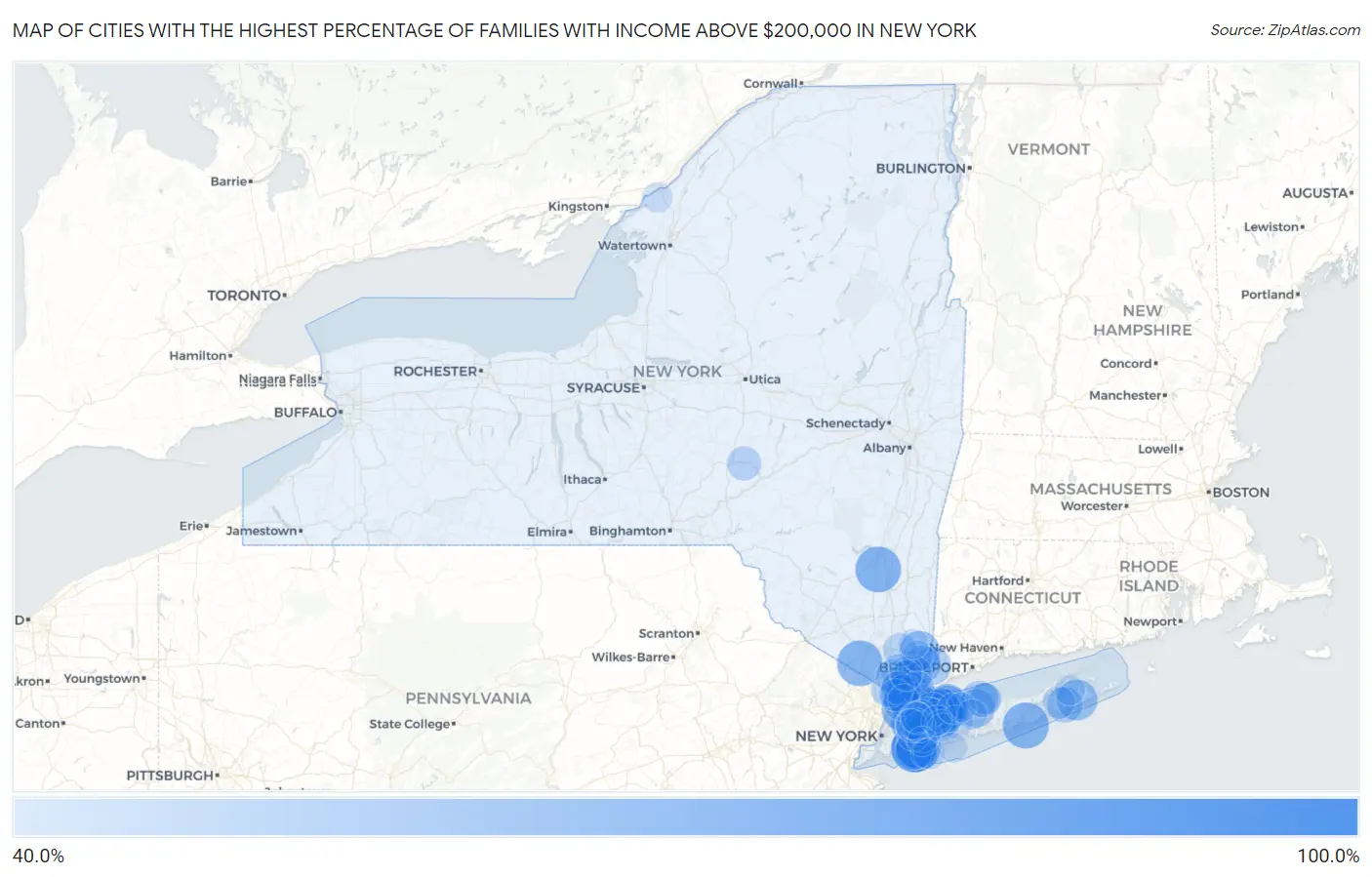 Cities with the Highest Percentage of Families with Income Above $200,000 in New York Map