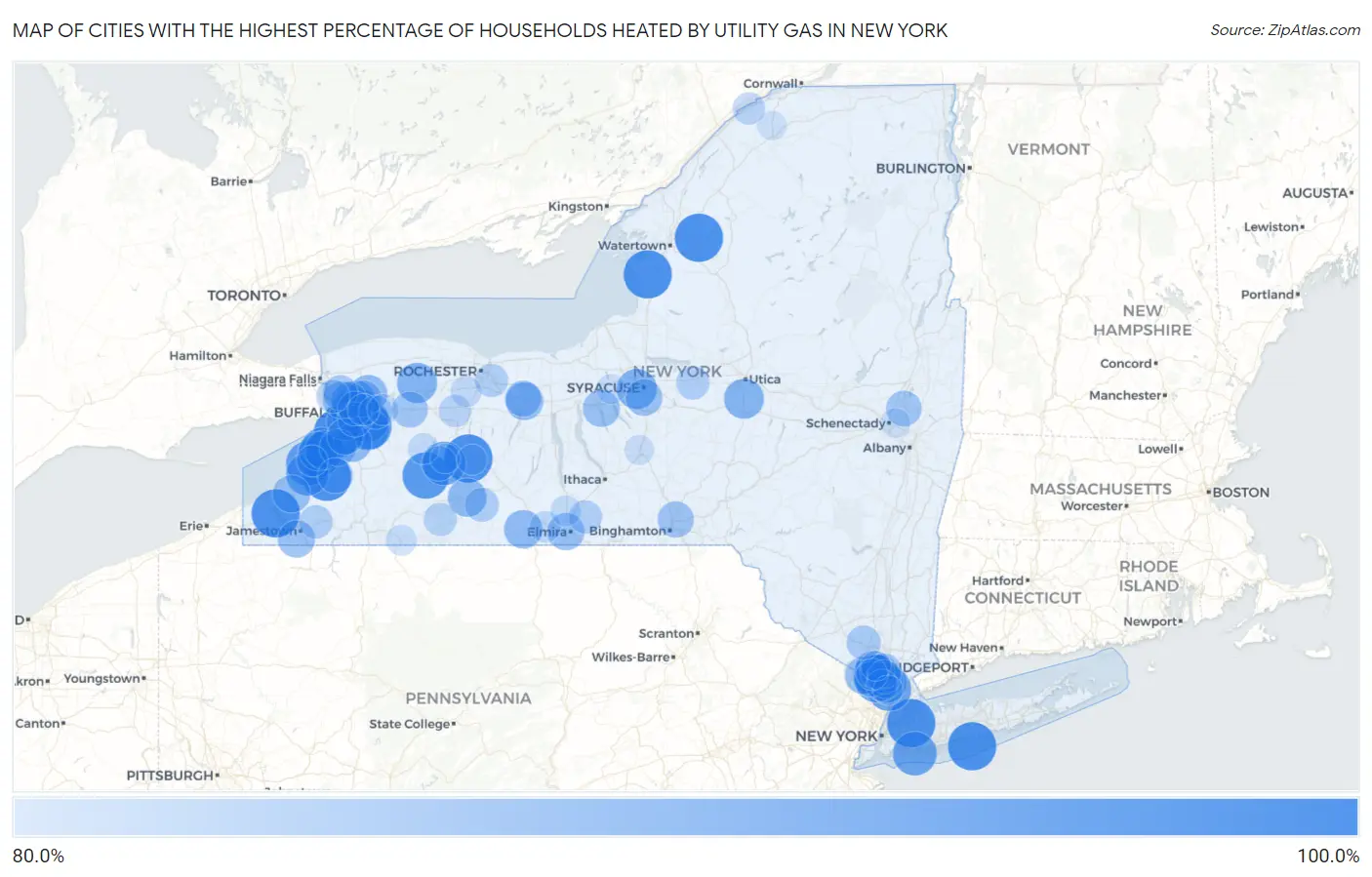Cities with the Highest Percentage of Households Heated by Utility Gas in New York Map