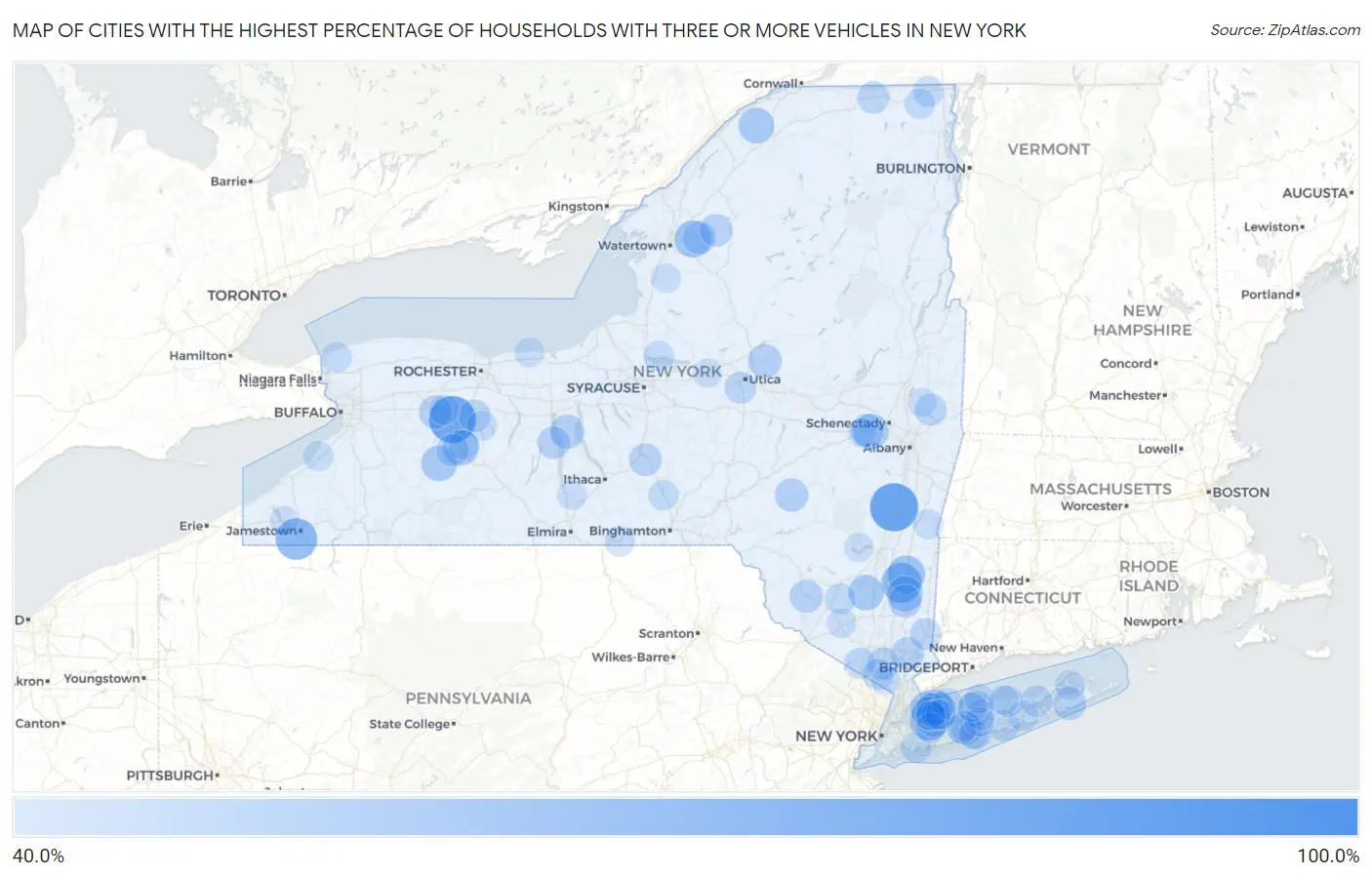 Cities with the Highest Percentage of Households With Three or more Vehicles in New York Map