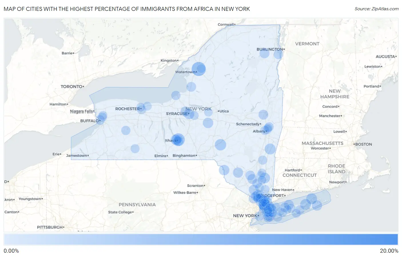 Cities with the Highest Percentage of Immigrants from Africa in New York Map