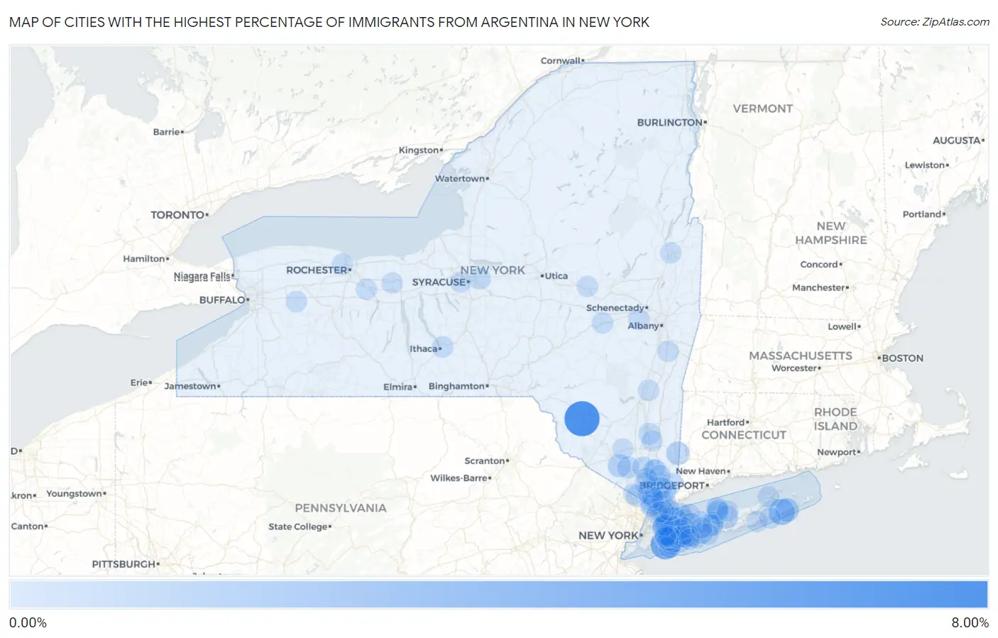 Cities with the Highest Percentage of Immigrants from Argentina in New York Map