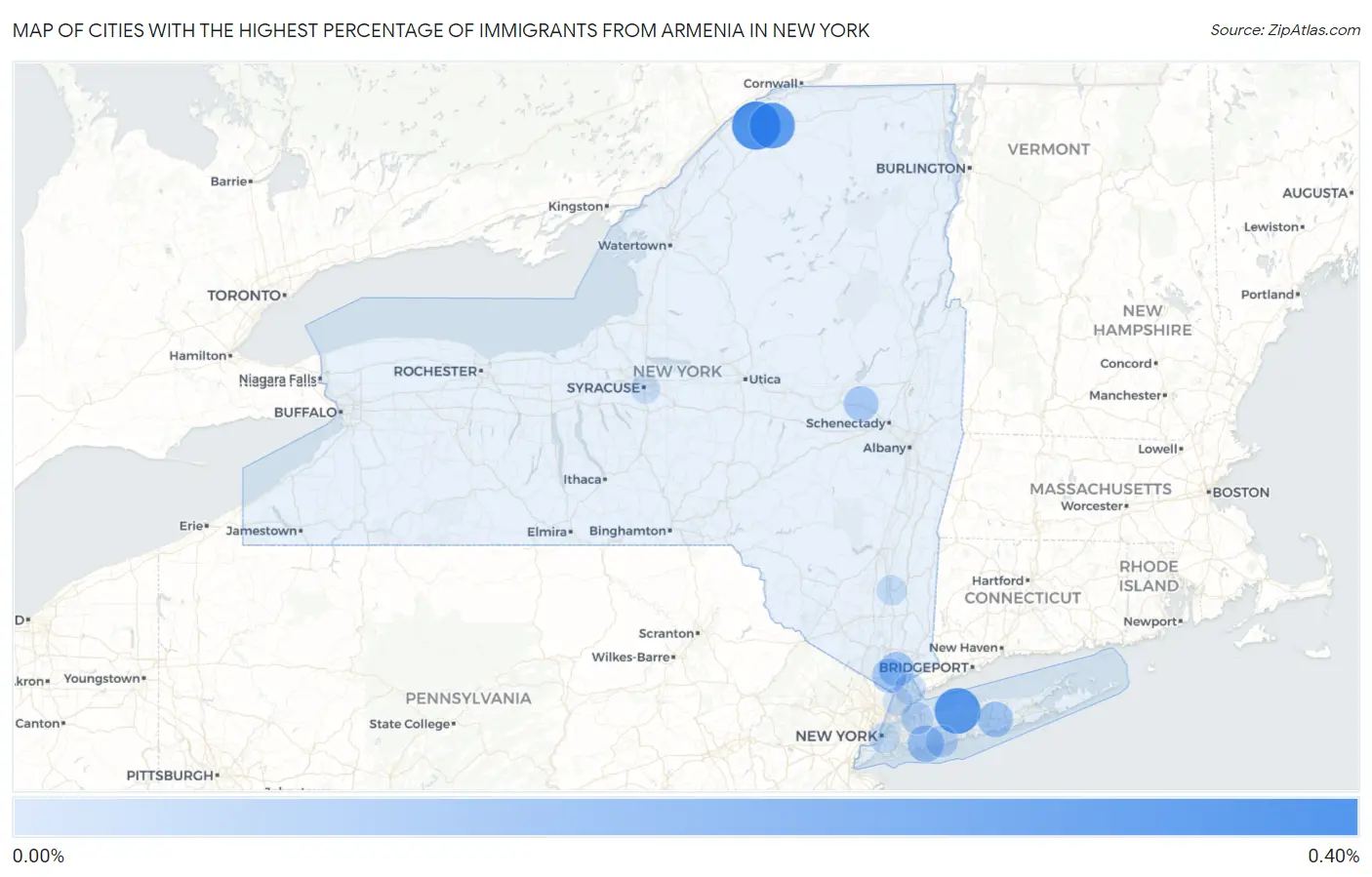 Cities with the Highest Percentage of Immigrants from Armenia in New York Map