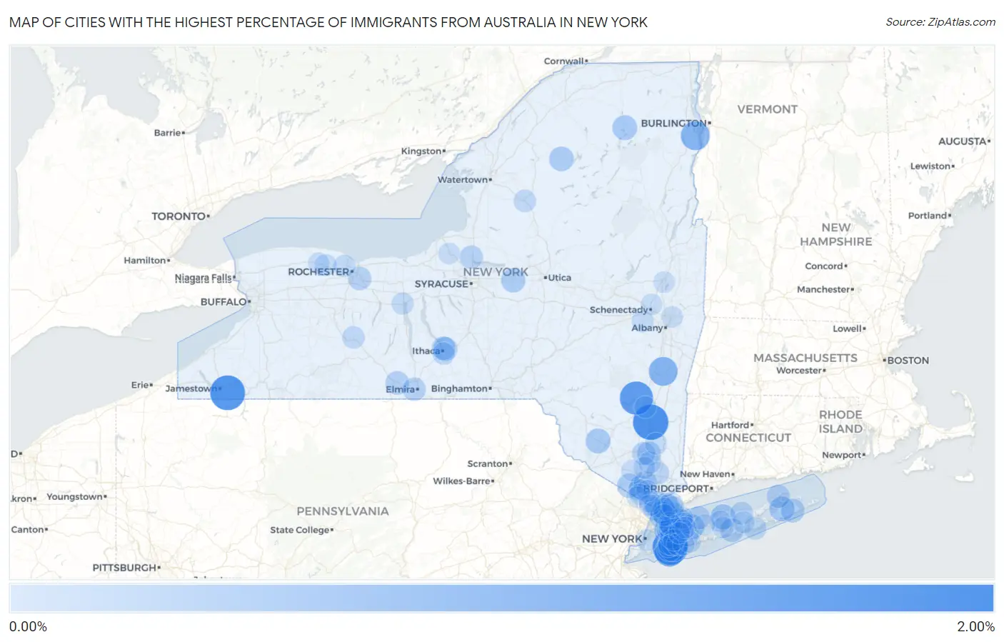 Cities with the Highest Percentage of Immigrants from Australia in New York Map