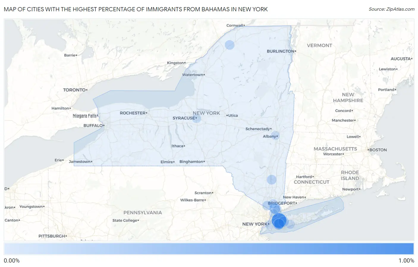 Cities with the Highest Percentage of Immigrants from Bahamas in New York Map