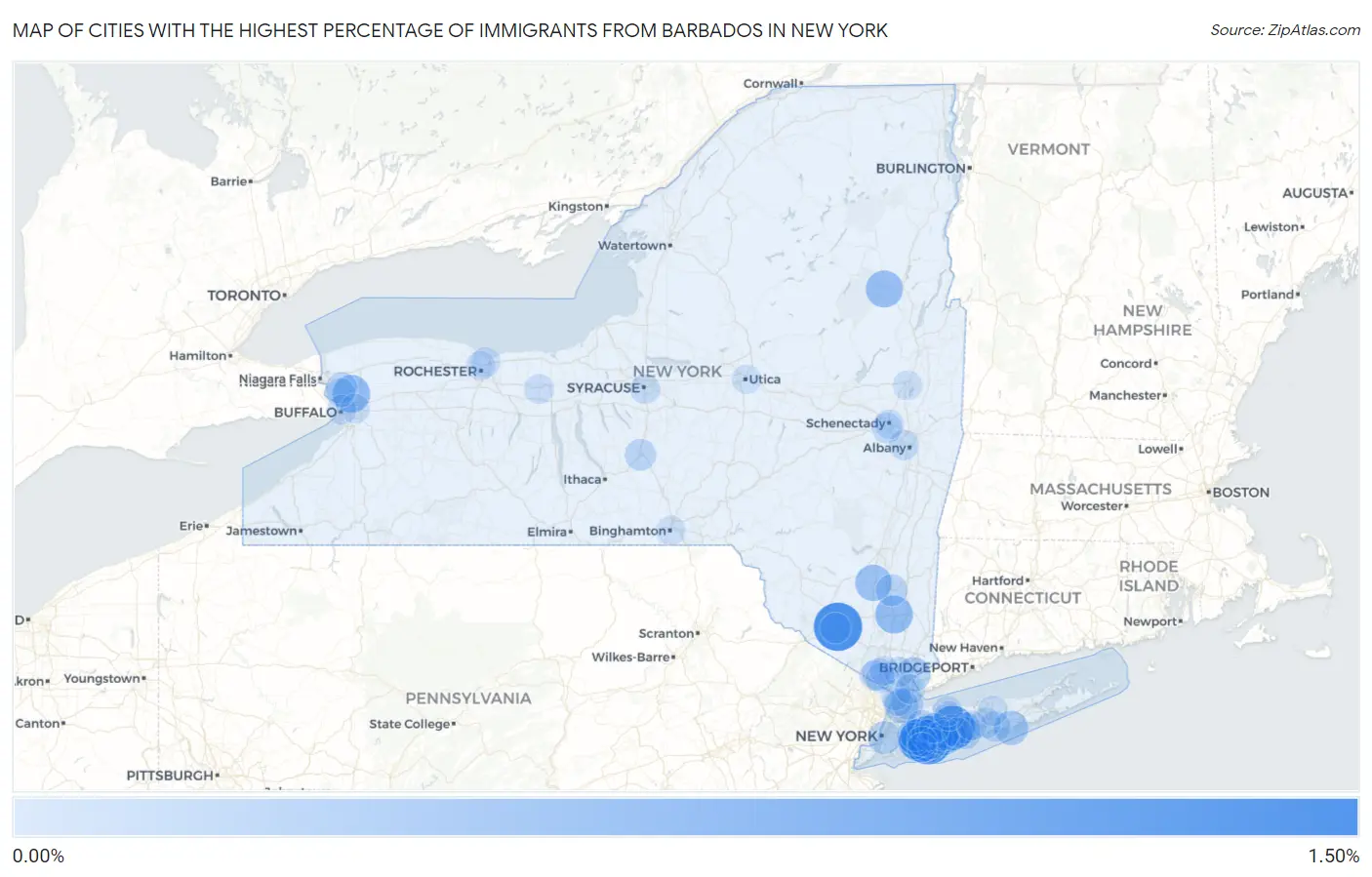 Cities with the Highest Percentage of Immigrants from Barbados in New York Map
