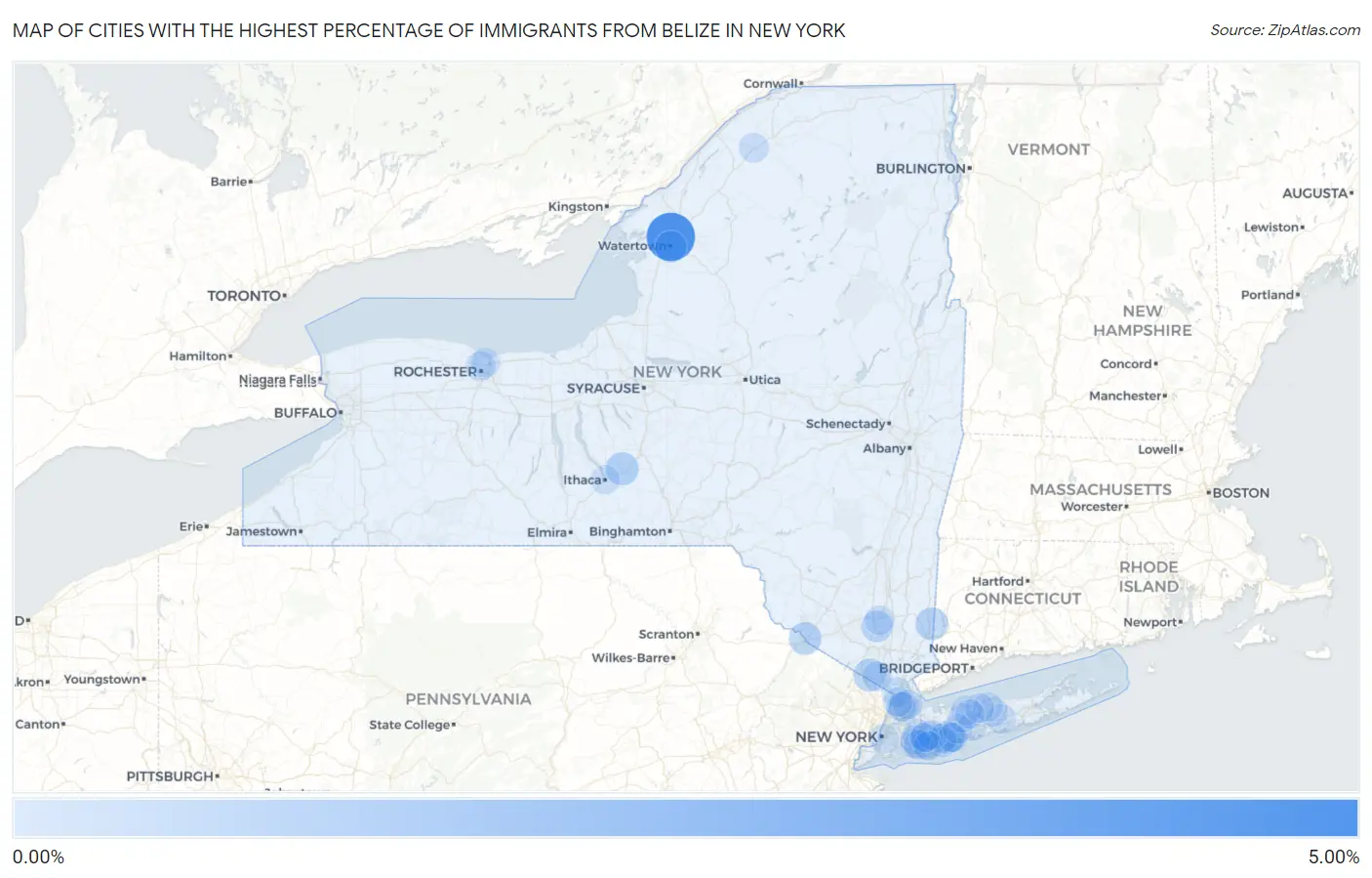Cities with the Highest Percentage of Immigrants from Belize in New York Map