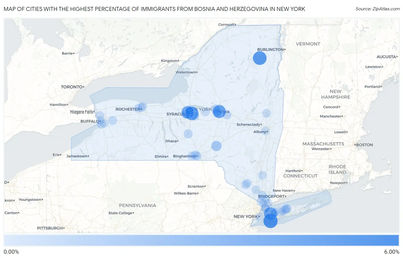 Cities with the Highest Percentage of Immigrants from Bosnia and Herzegovina in New York Map