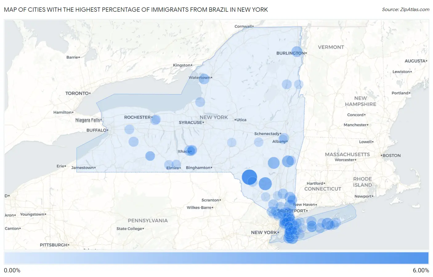 Cities with the Highest Percentage of Immigrants from Brazil in New York Map