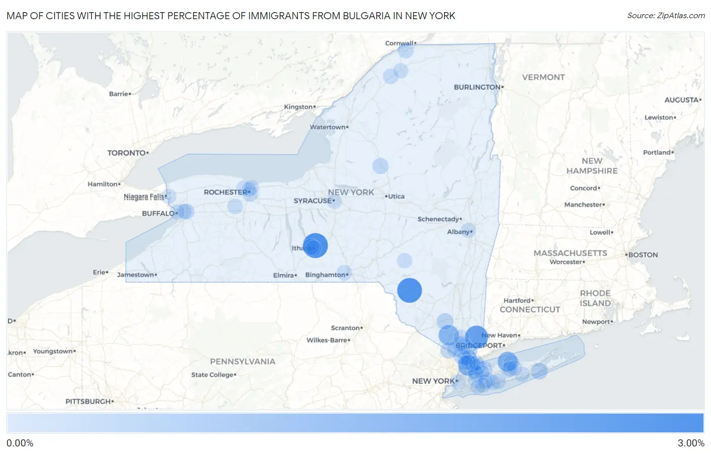 Cities with the Highest Percentage of Immigrants from Bulgaria in New York Map