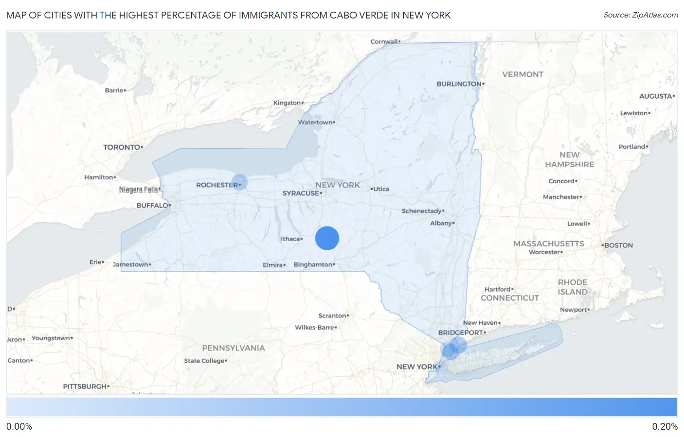 Cities with the Highest Percentage of Immigrants from Cabo Verde in New York Map