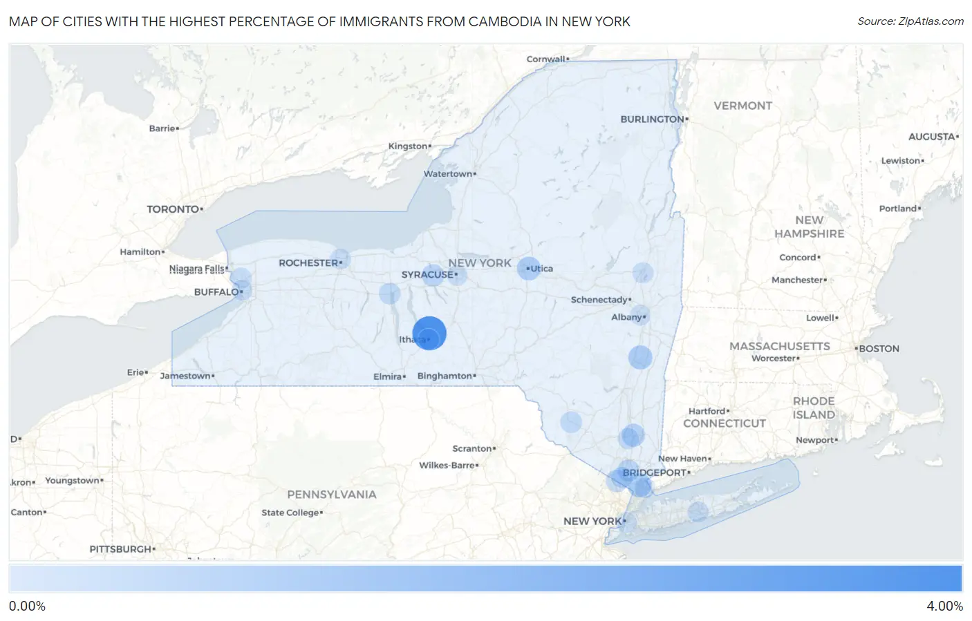 Cities with the Highest Percentage of Immigrants from Cambodia in New York Map