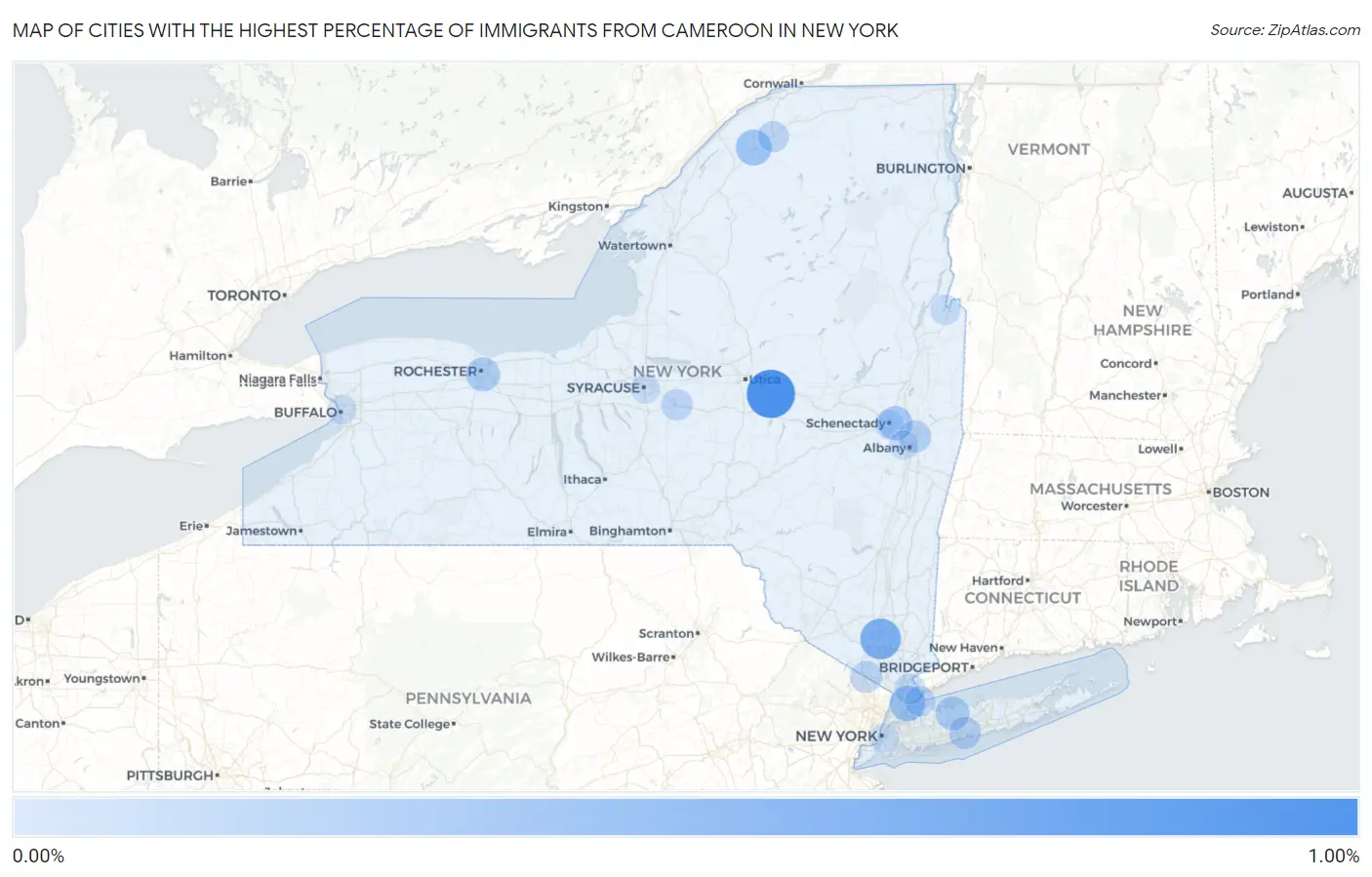 Cities with the Highest Percentage of Immigrants from Cameroon in New York Map