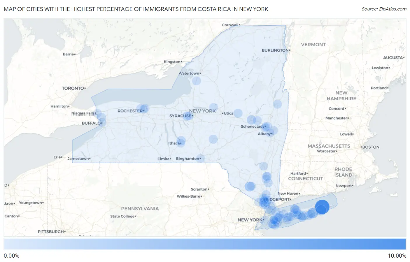 Cities with the Highest Percentage of Immigrants from Costa Rica in New York Map