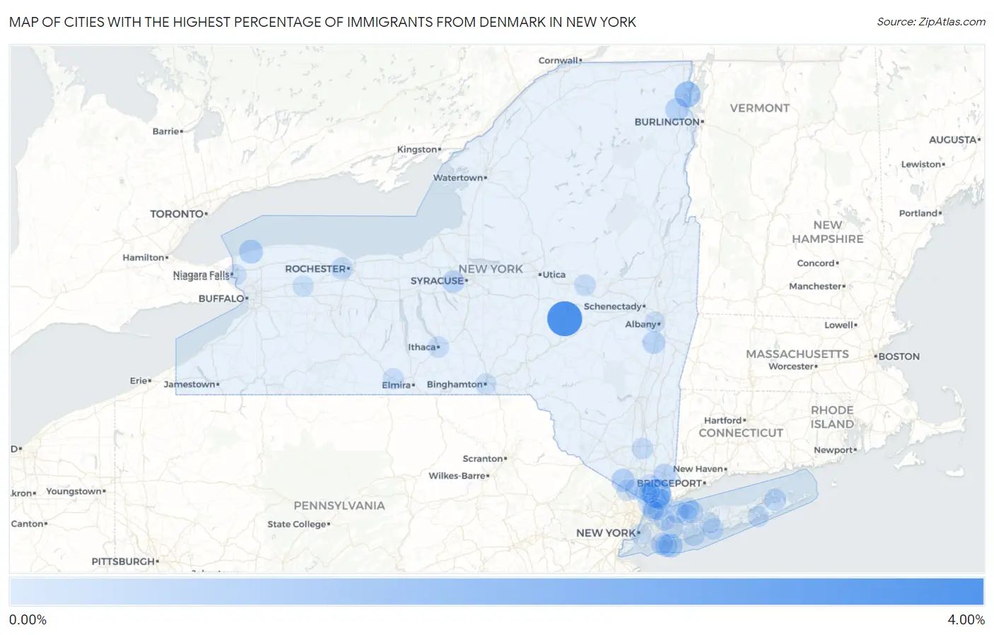 Cities with the Highest Percentage of Immigrants from Denmark in New York Map