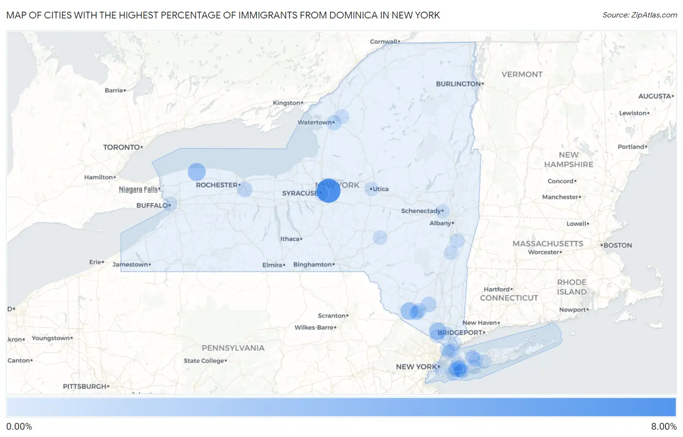 Cities with the Highest Percentage of Immigrants from Dominica in New York Map