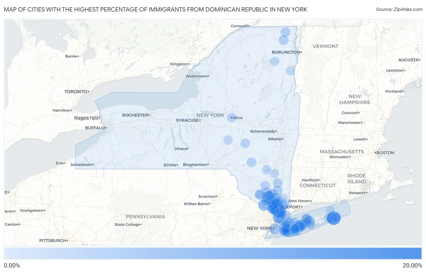 Cities with the Highest Percentage of Immigrants from Dominican Republic in New York Map