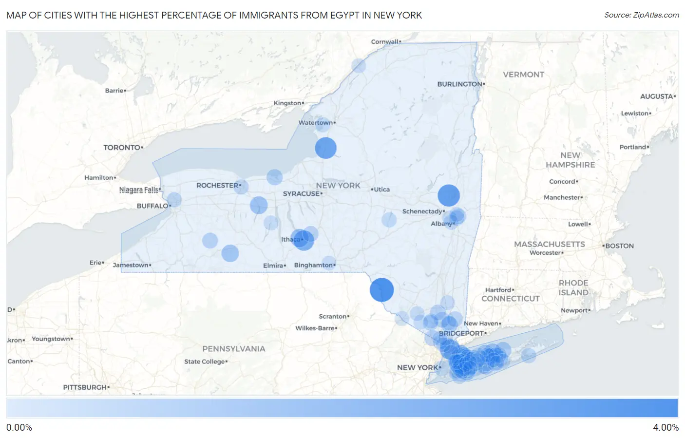 Cities with the Highest Percentage of Immigrants from Egypt in New York Map