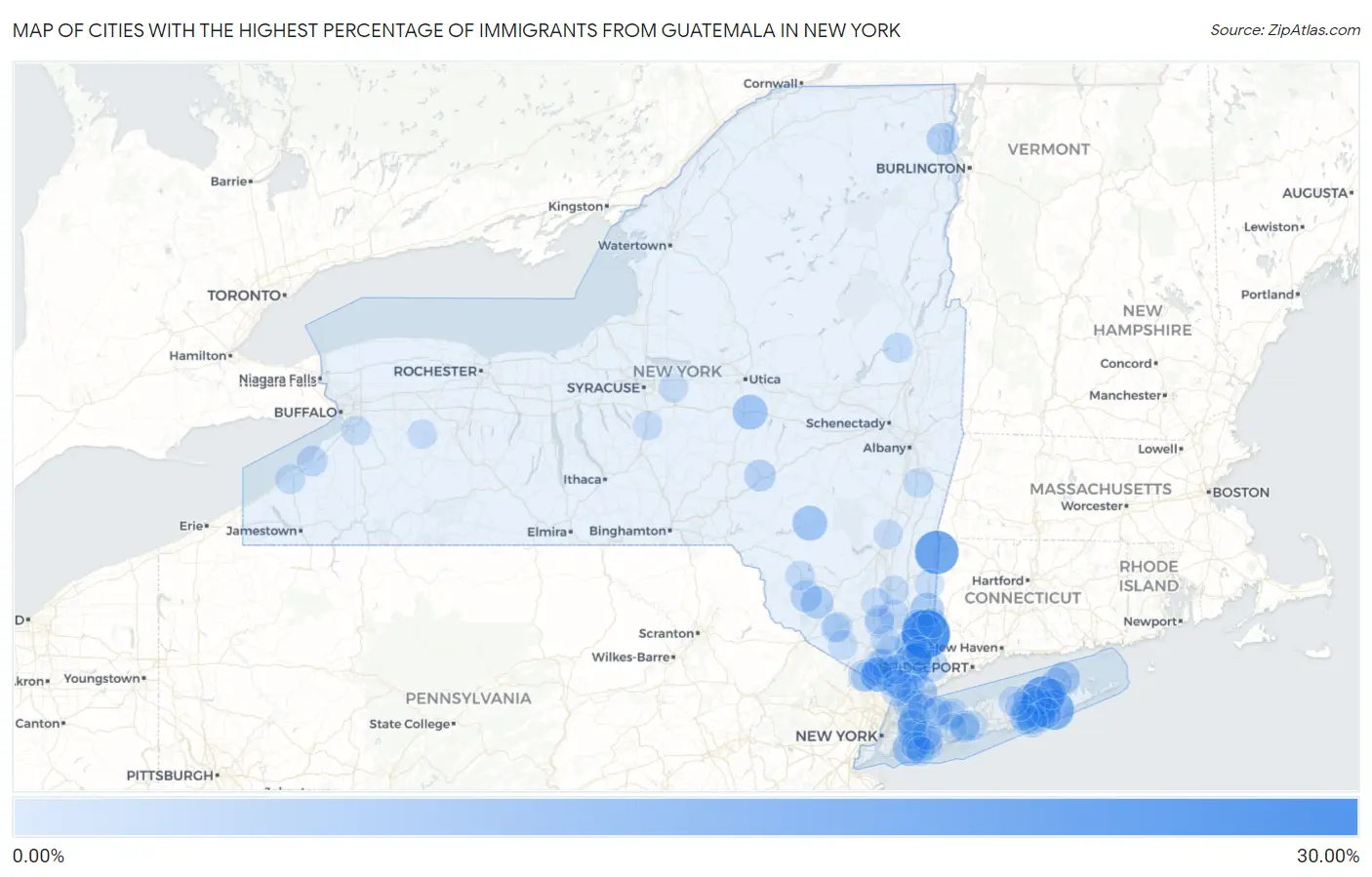 Cities with the Highest Percentage of Immigrants from Guatemala in New York Map