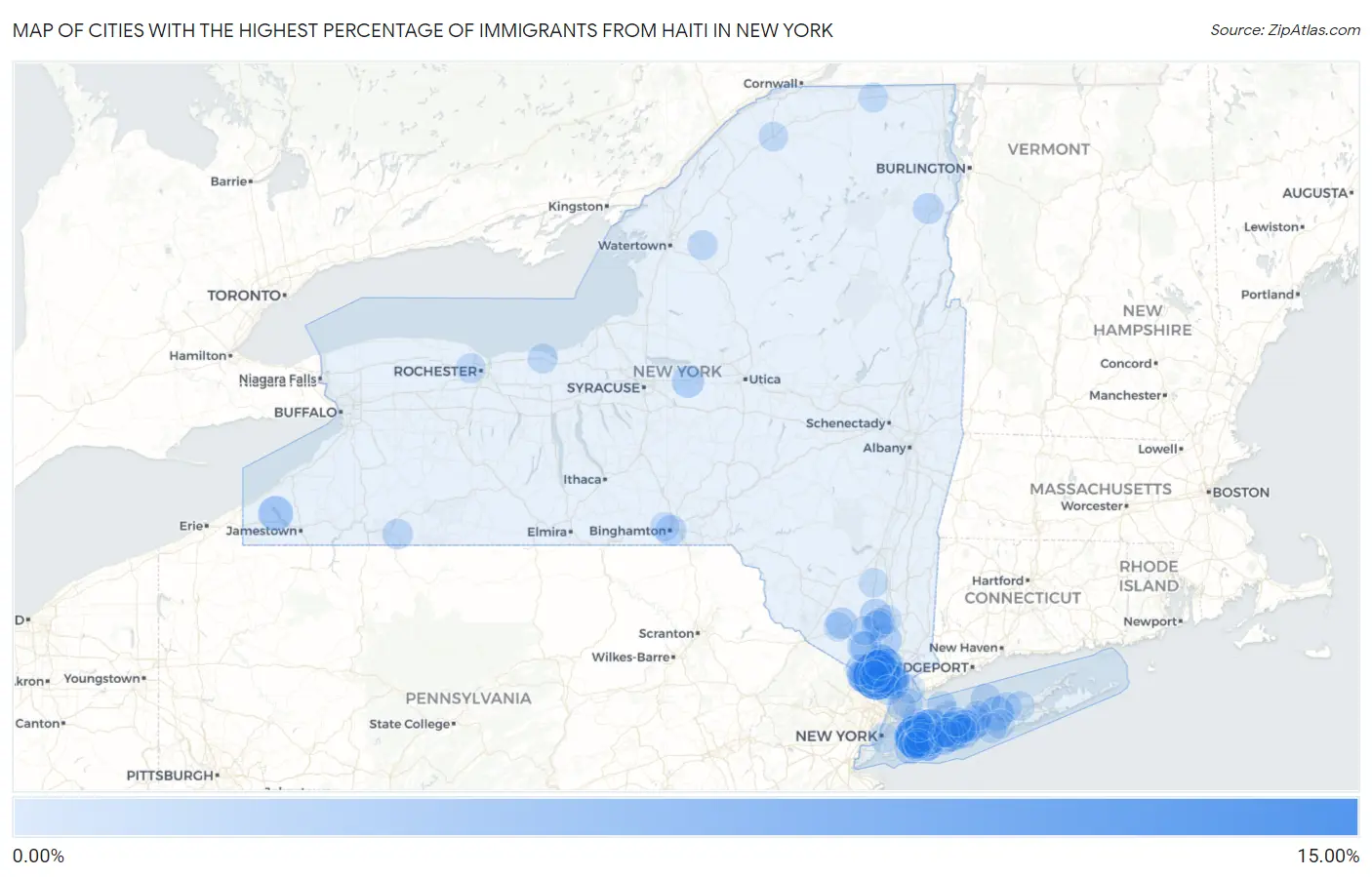 Cities with the Highest Percentage of Immigrants from Haiti in New York Map