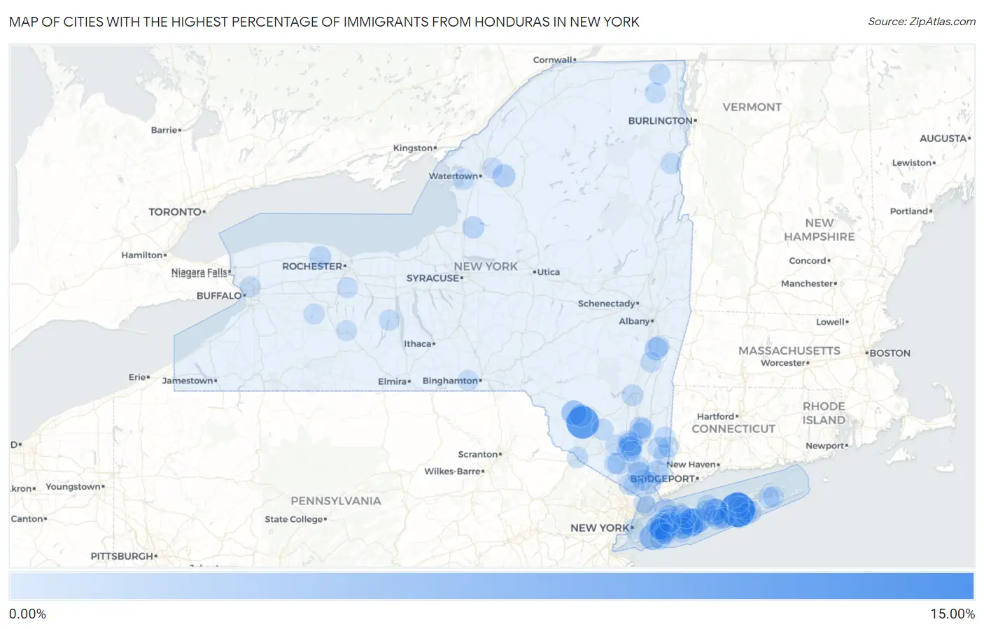 Cities with the Highest Percentage of Immigrants from Honduras in New York Map
