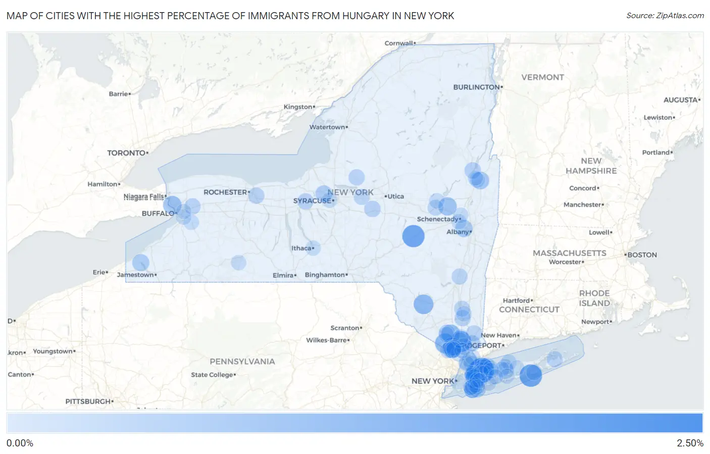 Cities with the Highest Percentage of Immigrants from Hungary in New York Map