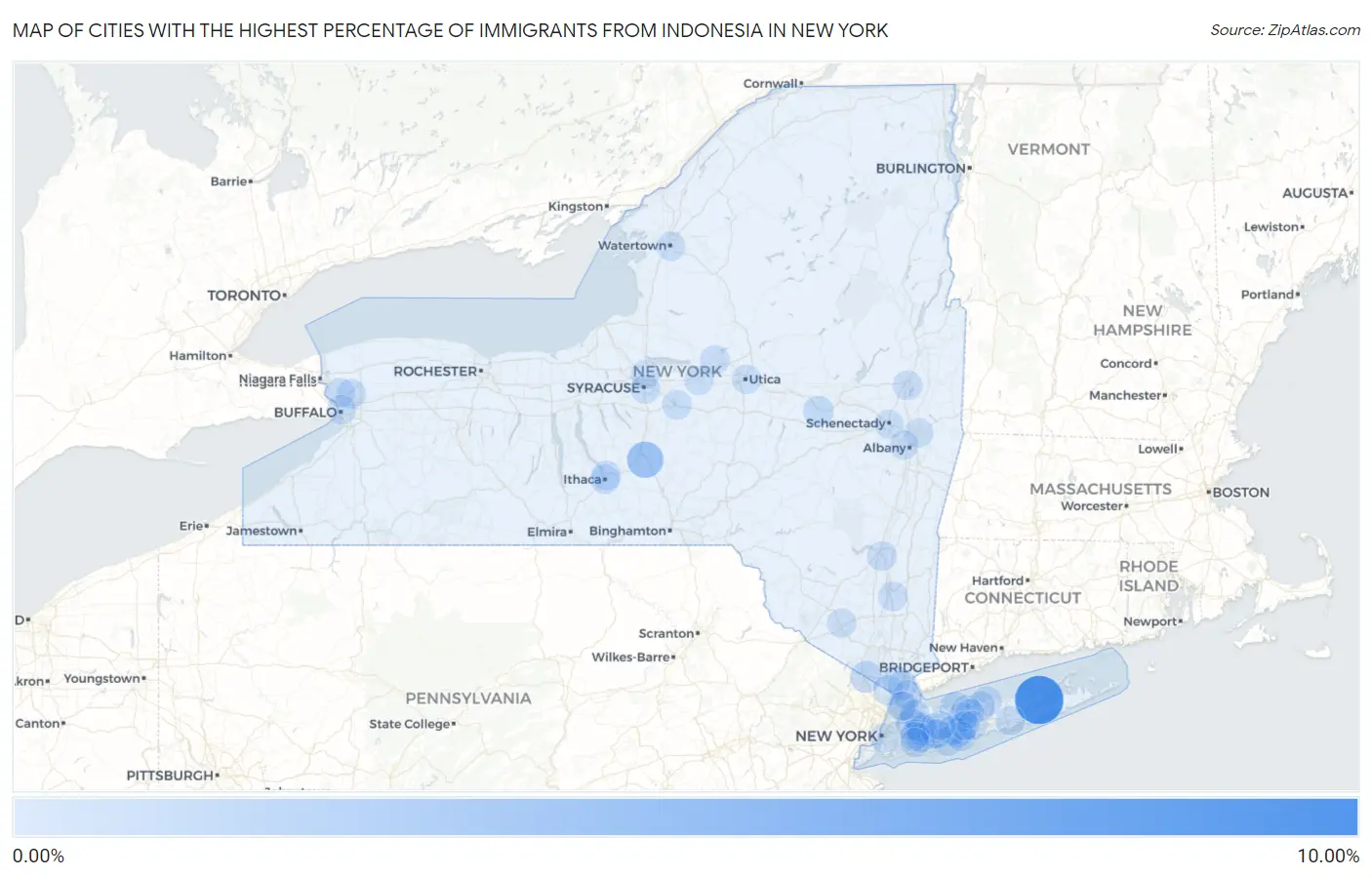 Cities with the Highest Percentage of Immigrants from Indonesia in New York Map