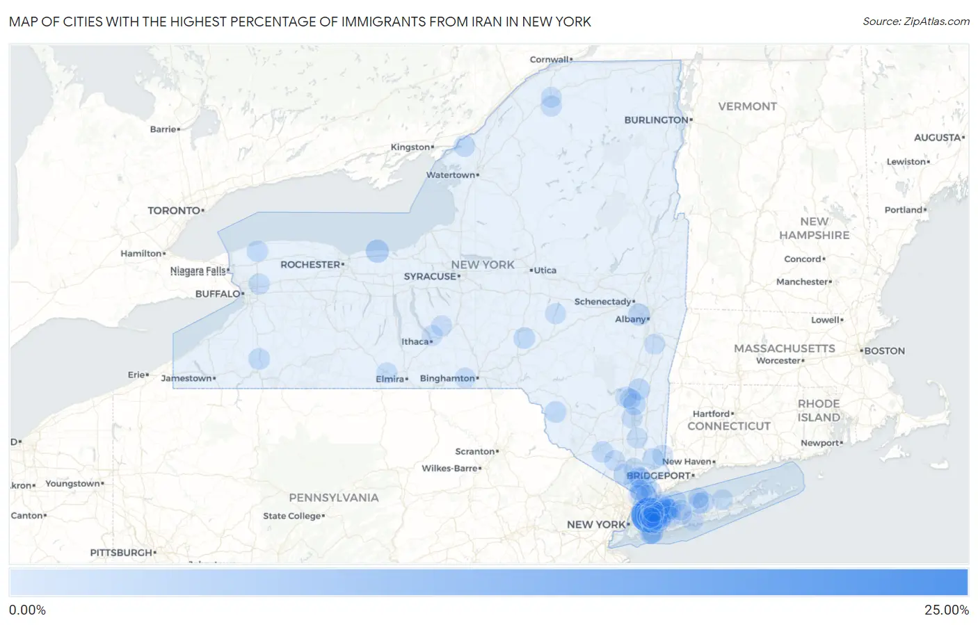 Cities with the Highest Percentage of Immigrants from Iran in New York Map