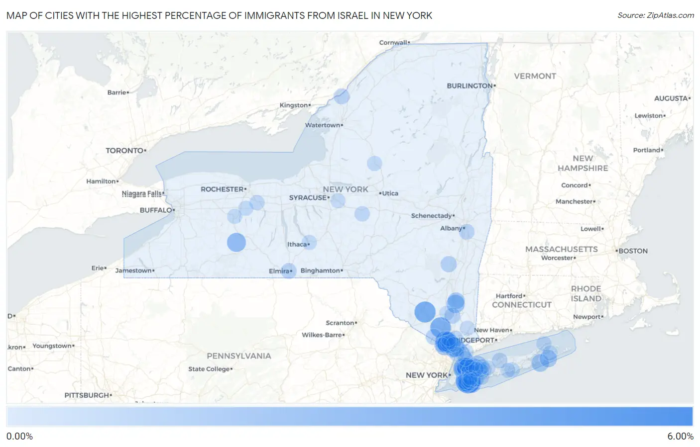 Cities with the Highest Percentage of Immigrants from Israel in New York Map