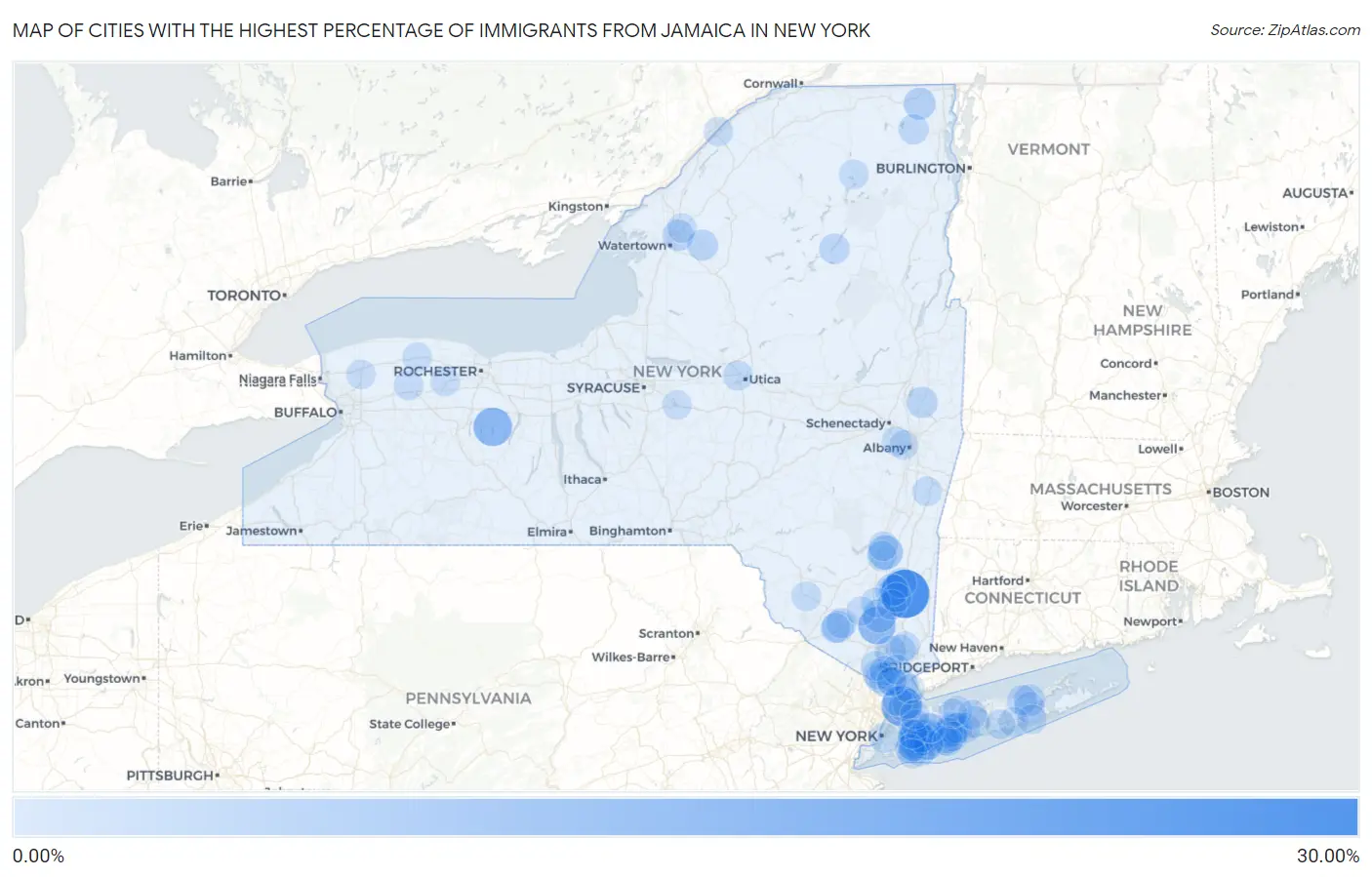 Cities with the Highest Percentage of Immigrants from Jamaica in New York Map