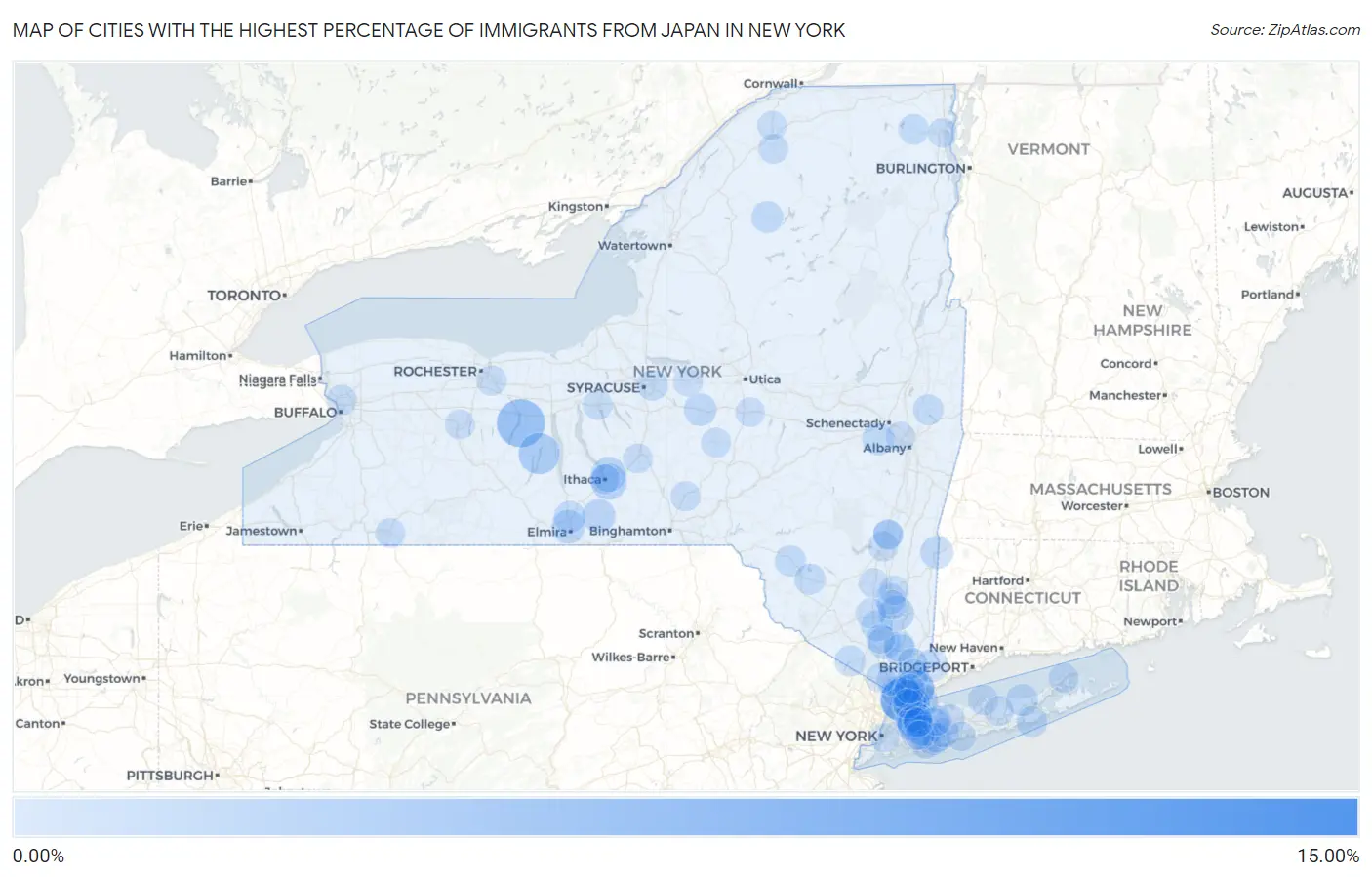 Cities with the Highest Percentage of Immigrants from Japan in New York Map