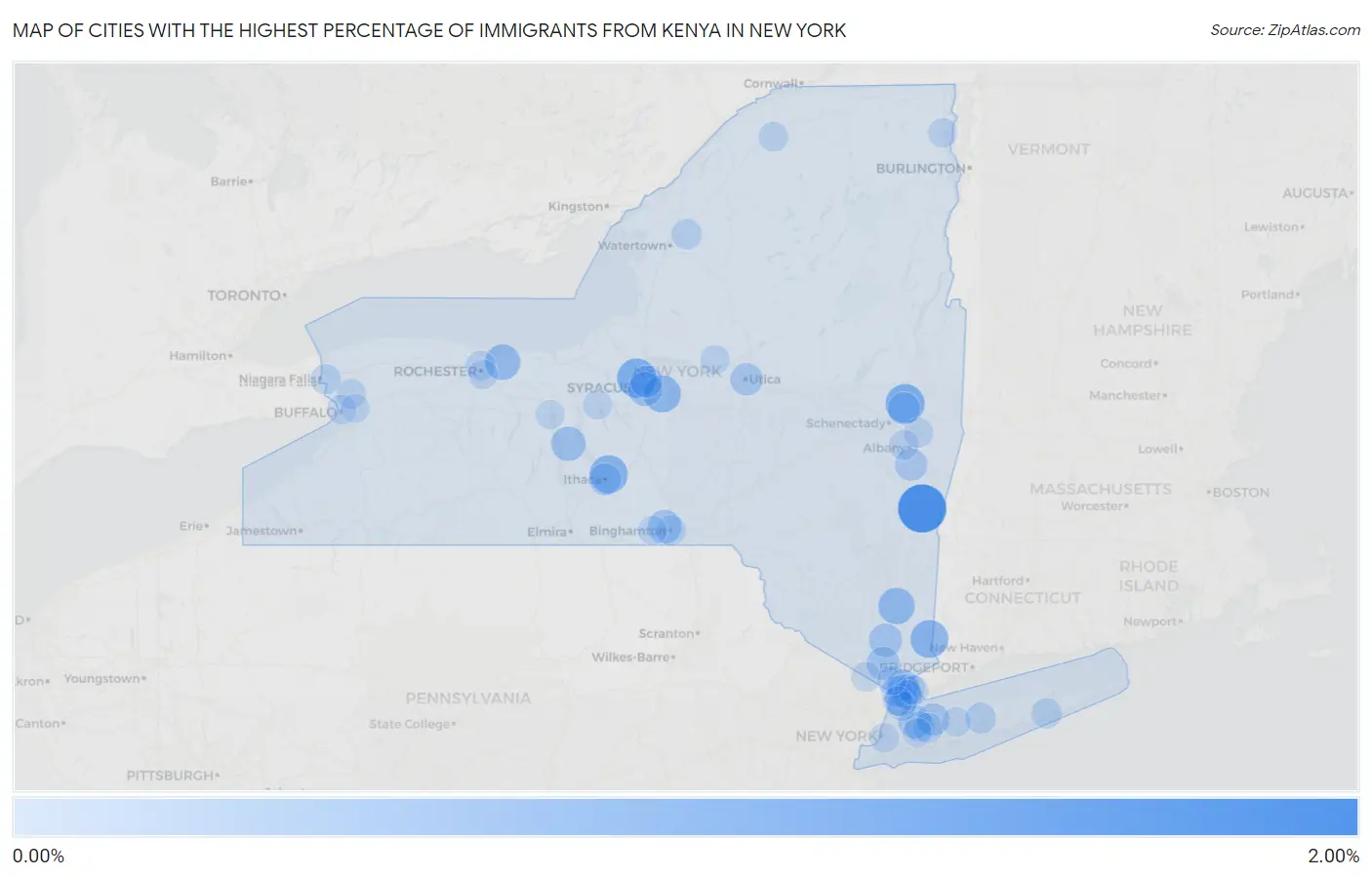 Cities with the Highest Percentage of Immigrants from Kenya in New York Map