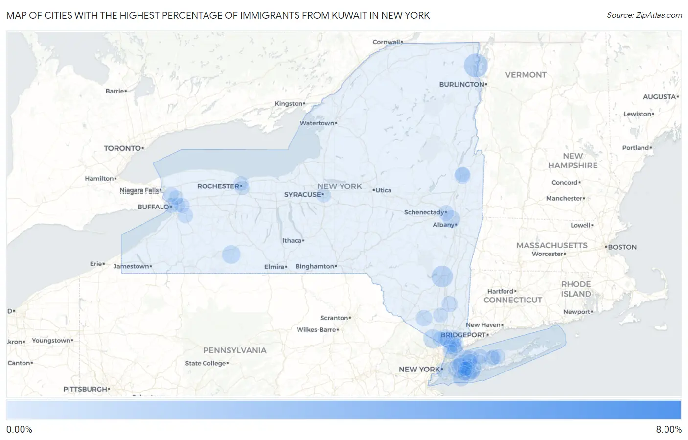 Cities with the Highest Percentage of Immigrants from Kuwait in New York Map