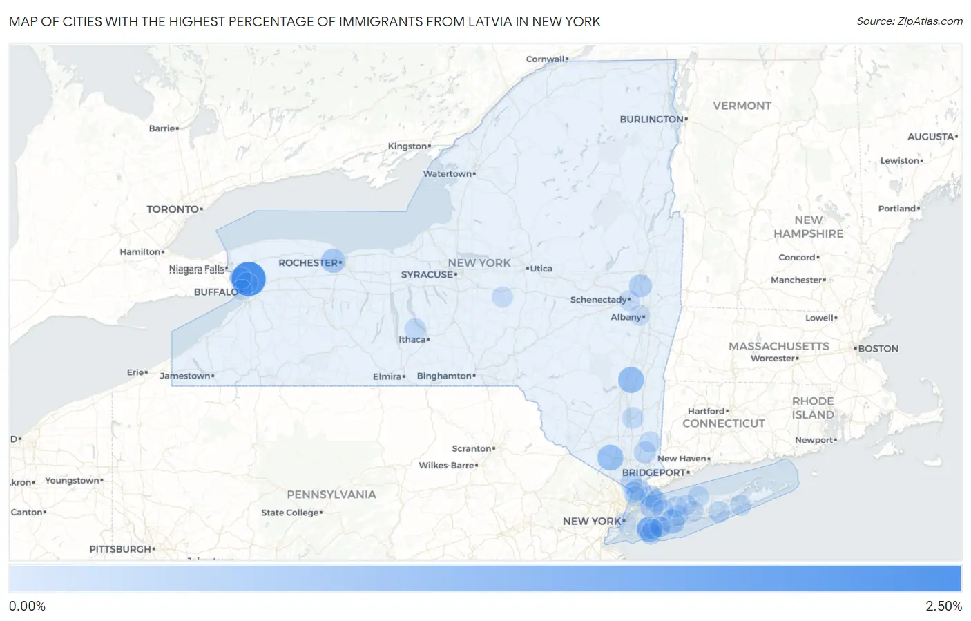 Cities with the Highest Percentage of Immigrants from Latvia in New York Map