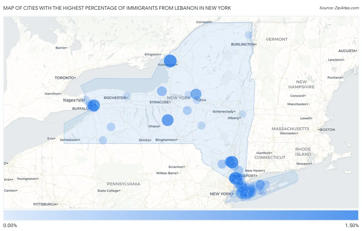Cities with the Highest Percentage of Immigrants from Lebanon in New York Map