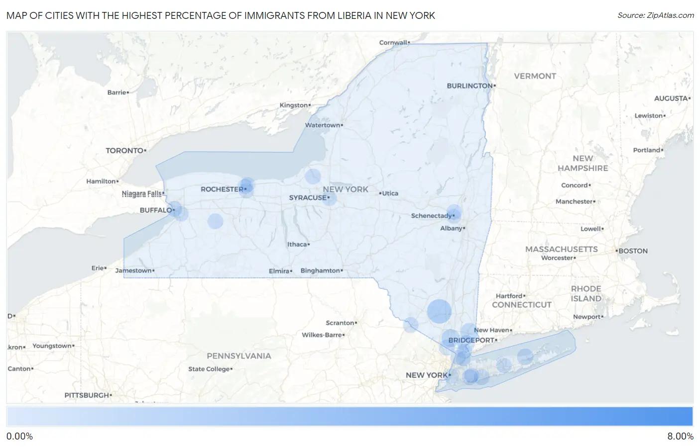 Cities with the Highest Percentage of Immigrants from Liberia in New York Map