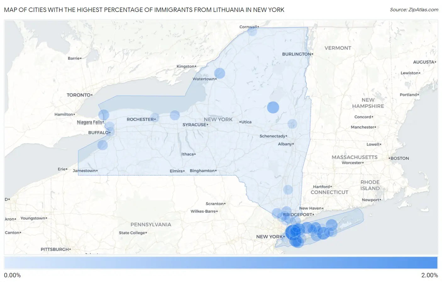 Cities with the Highest Percentage of Immigrants from Lithuania in New York Map