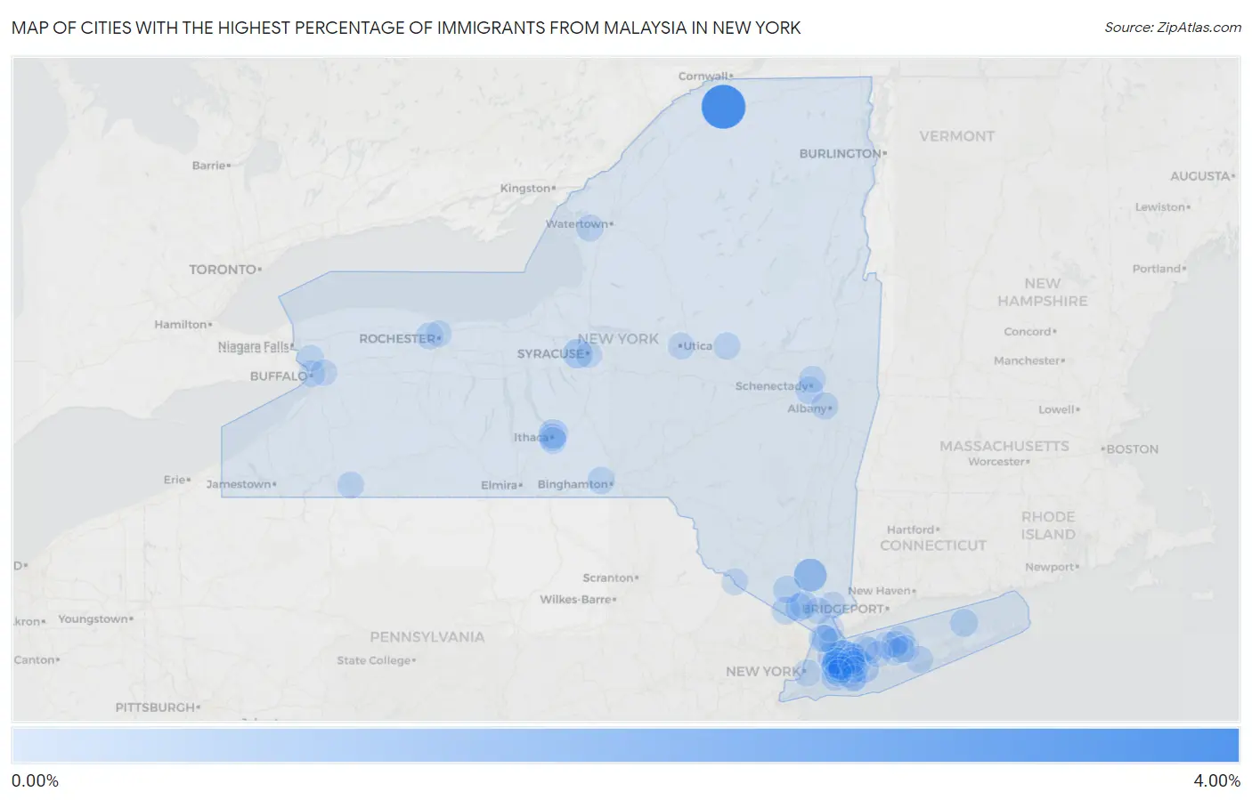 Cities with the Highest Percentage of Immigrants from Malaysia in New York Map