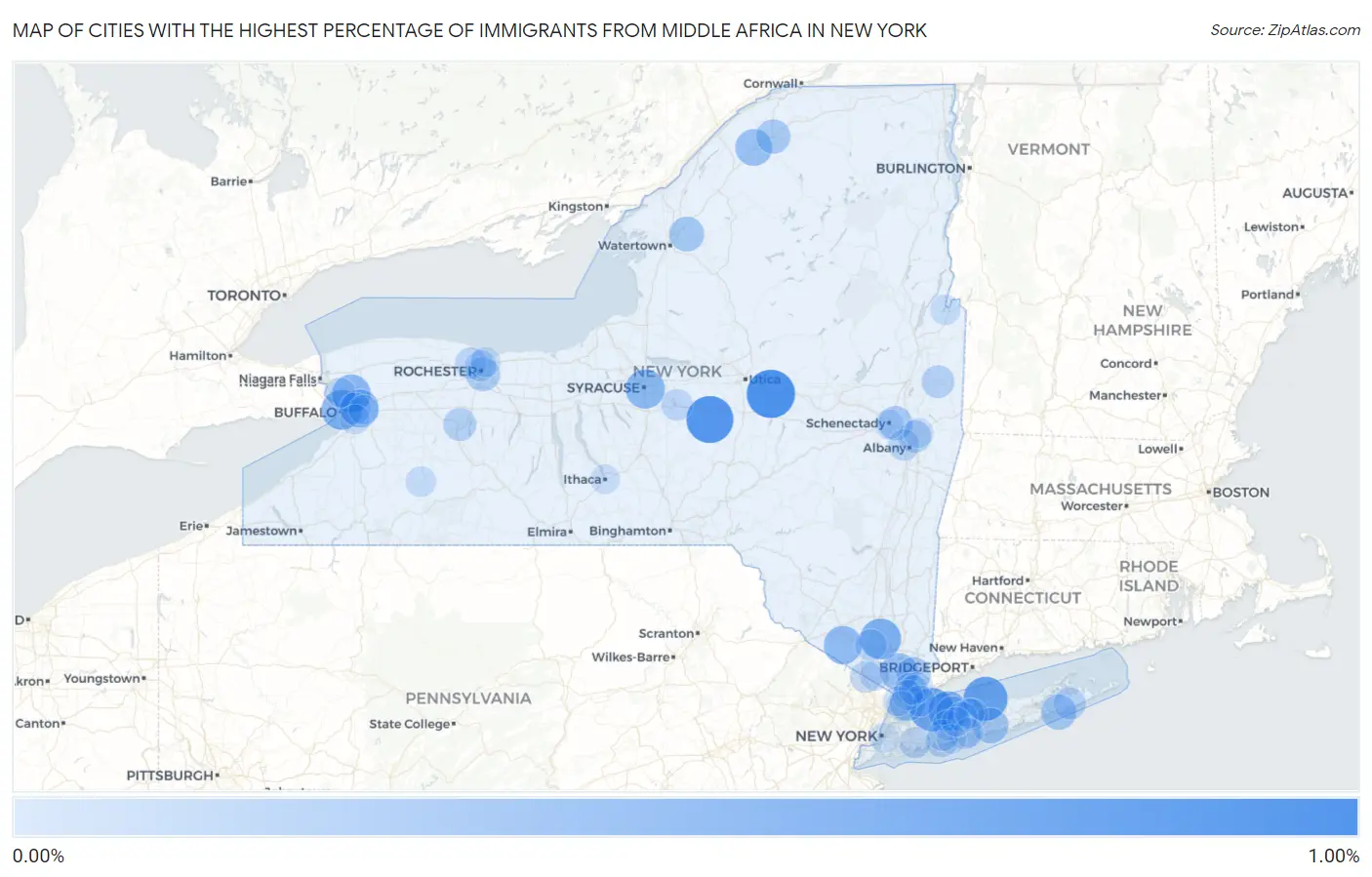 Cities with the Highest Percentage of Immigrants from Middle Africa in New York Map